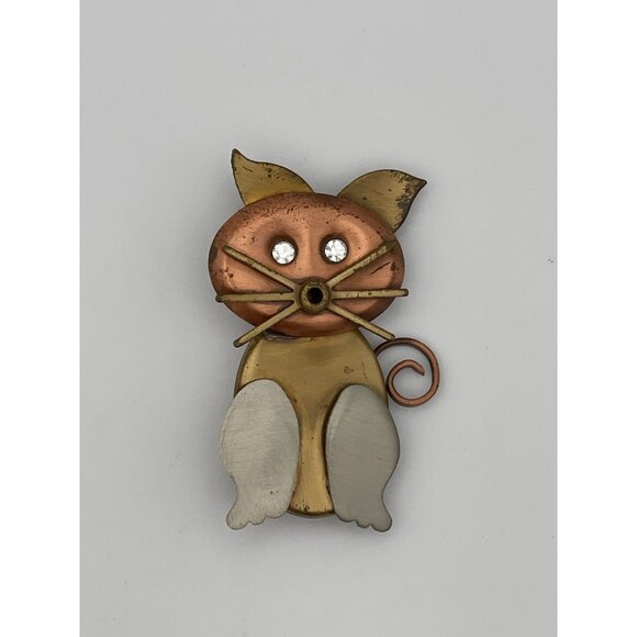 Cat 2"  Brooch Mixed Metals Rhinestones Eyes - Picture 1 of 8
